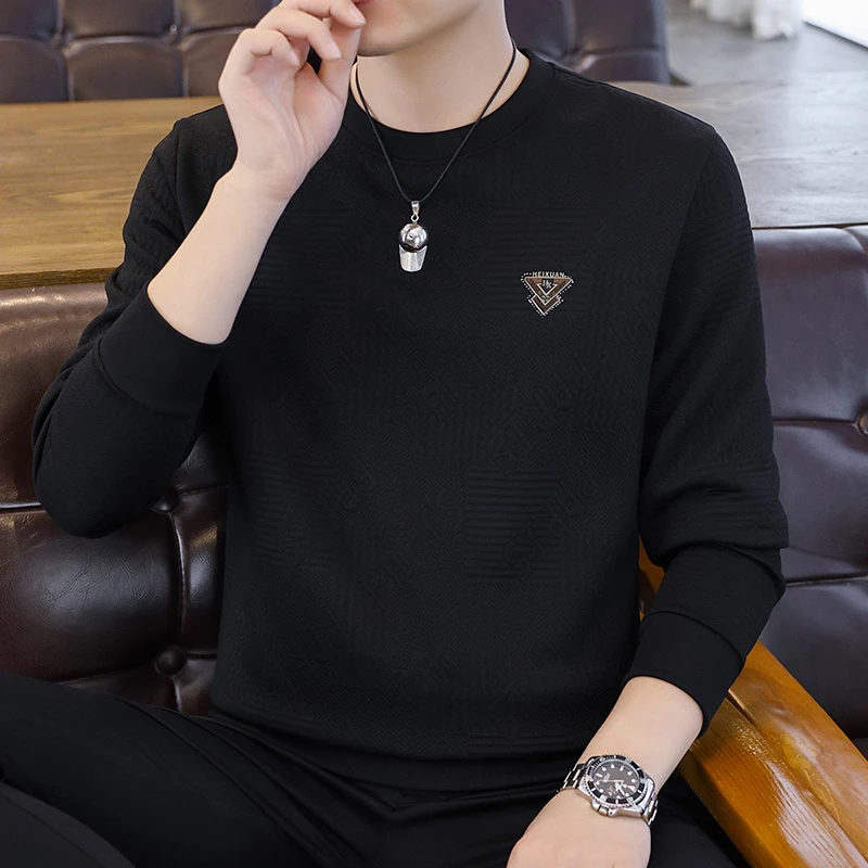 男士卫衣t恤男装长袖圆领上衣提花新款套头春秋季韩版休闲百搭潮