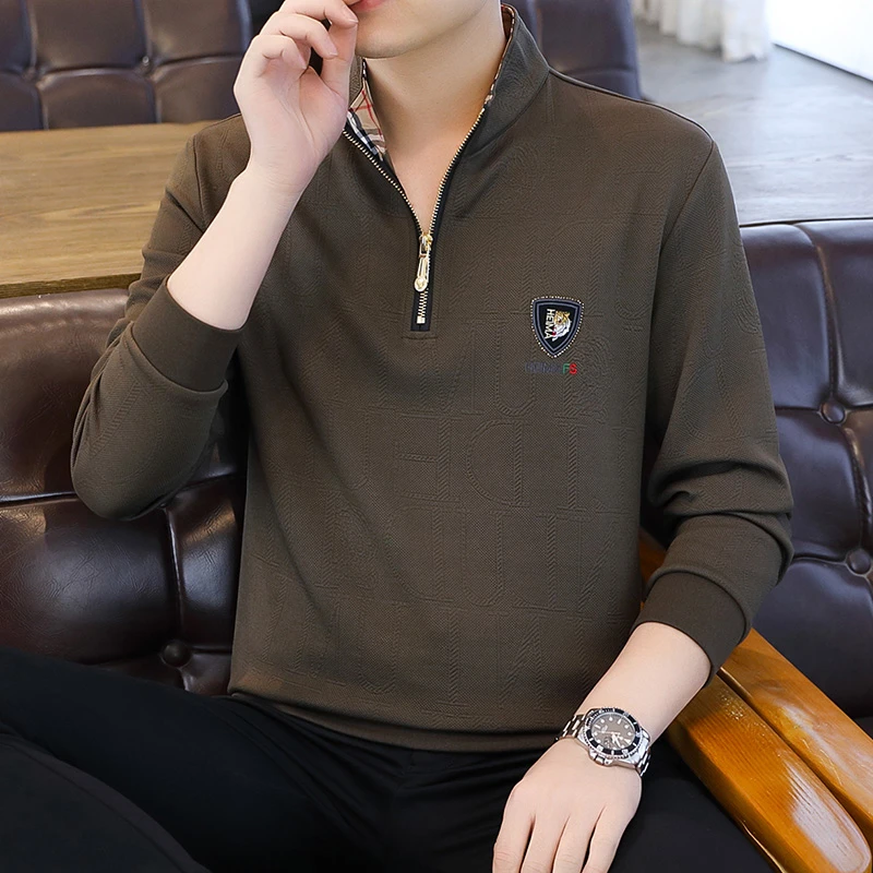 男士t恤长袖男装卫衣立领秋冬新款提花韩版休闲时尚百搭套头潮流