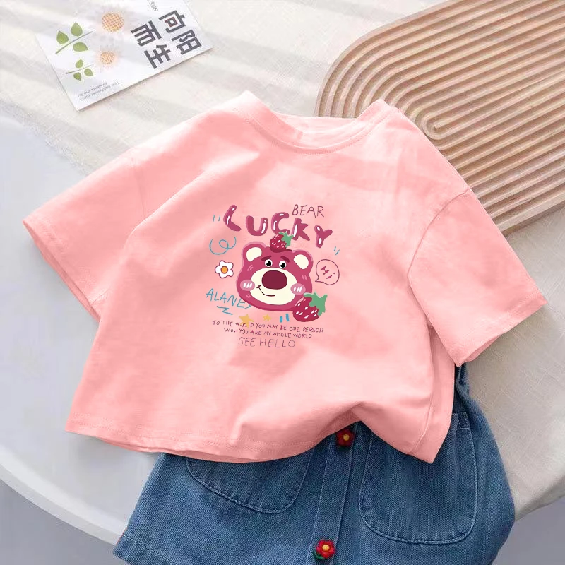 纯棉2024新款女童韩版洋气多巴胺可爱卡通印花半袖夏季女宝宝上衣