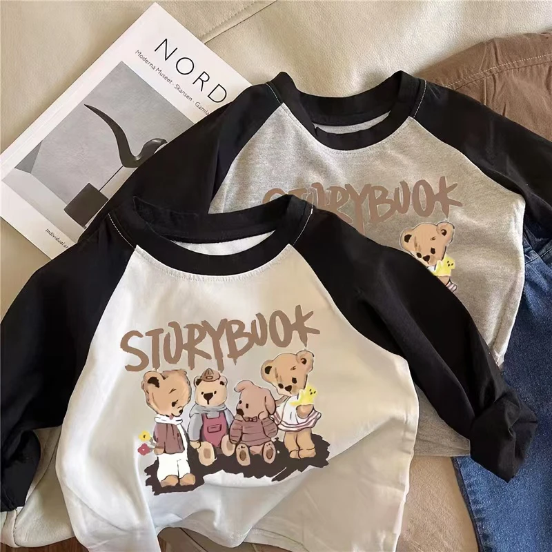 纯棉儿童t恤长袖男童女童韩版洋气上衣宝宝卡通可爱小熊撞色打底