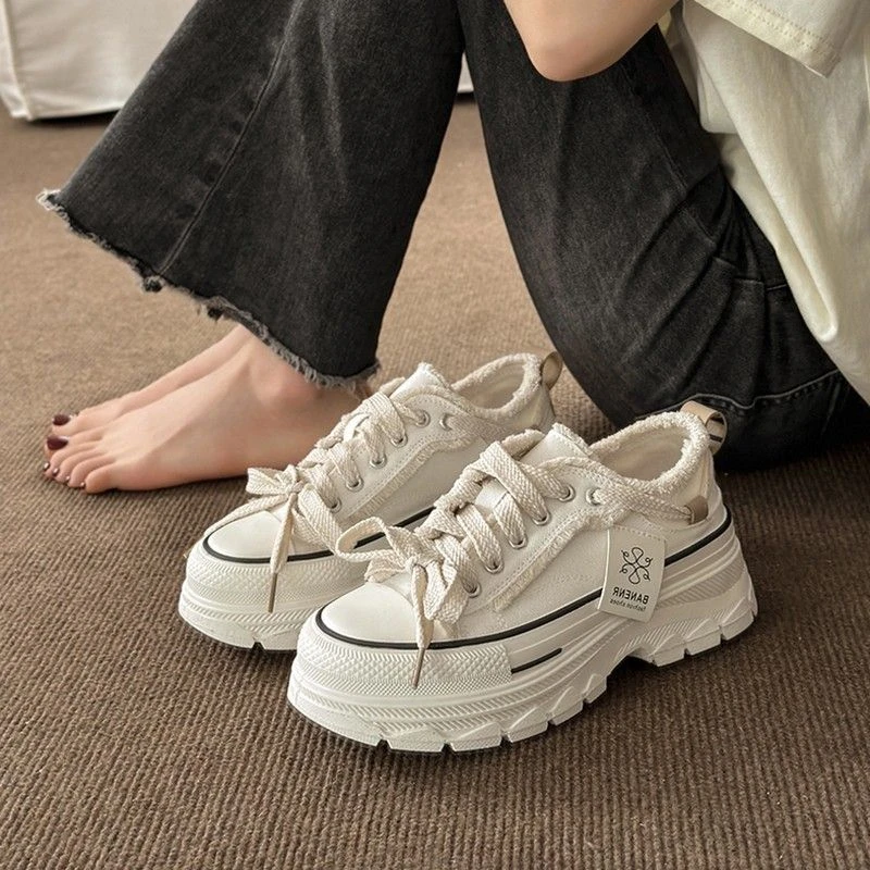 秋季厚底帆布鞋女2023小个子增高鞋chic学生百搭厚底增高小白鞋