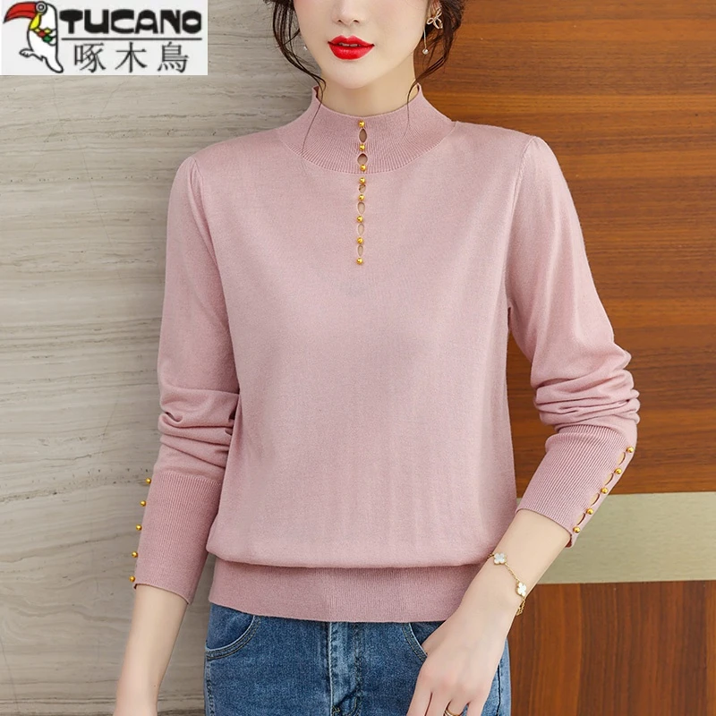 啄木鸟美丽诺超细丝光羊毛打底衫女半高领薄款毛衣内搭钉珠针织上