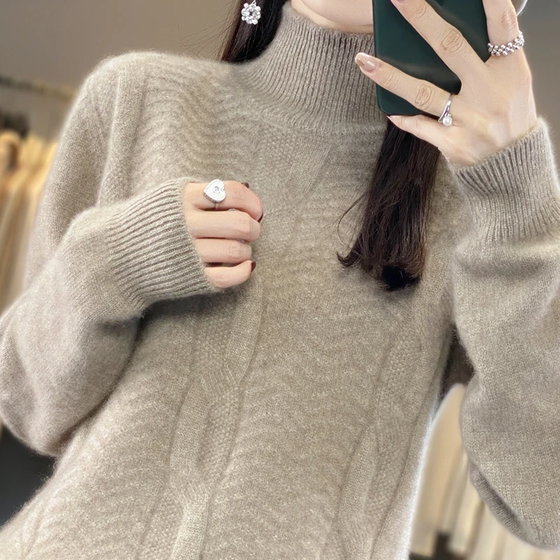 重磅加厚~23秋冬新款100%纯羊绒七针加厚扭花波浪宽松内搭针织衫