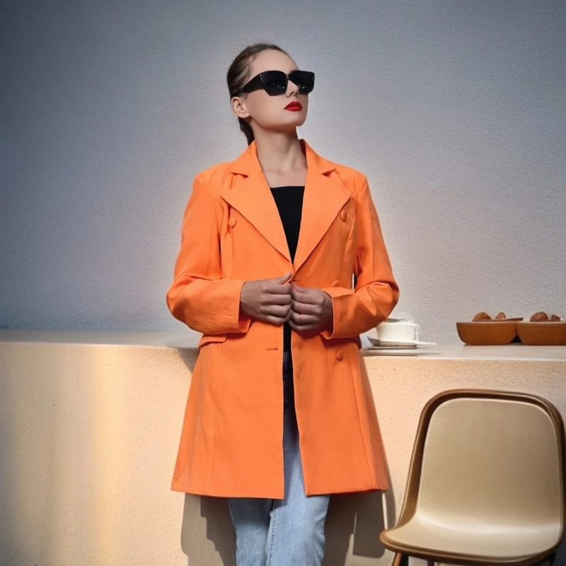 欧美范橘色双排扣西装外套女2024年新款春秋中长款休闲风时尚套装