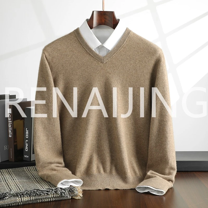 RENAIJING秋冬100山羊绒男士轻奢套头V领打底羊绒衫百搭