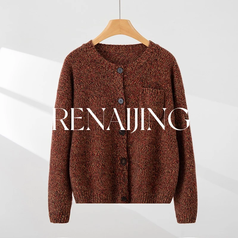 RENAIJING【六股花纱一兜开衫】纯山羊绒加厚女士秋冬针织时尚圆领