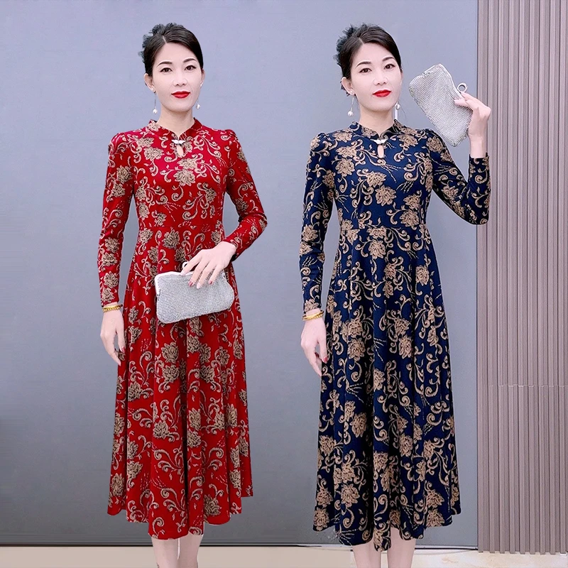 2391螺纹棉旗袍裙新国风改良旗袍连衣裙秋冬新款大摆裙A字裙