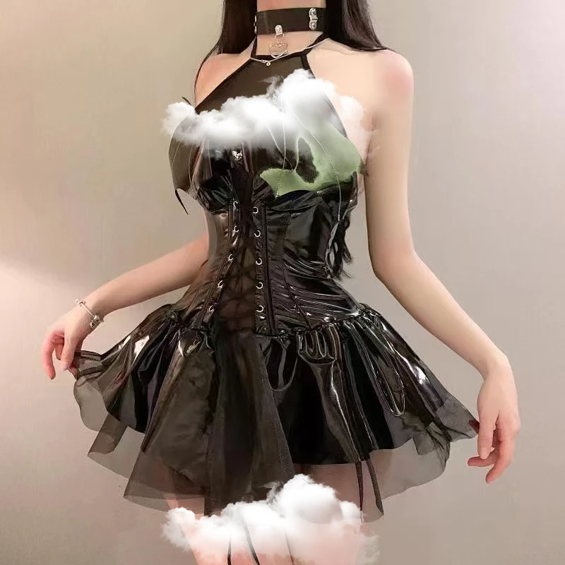 小恶魔亮面PU绑带蓬蓬裙网纱连衣裙制服装扮