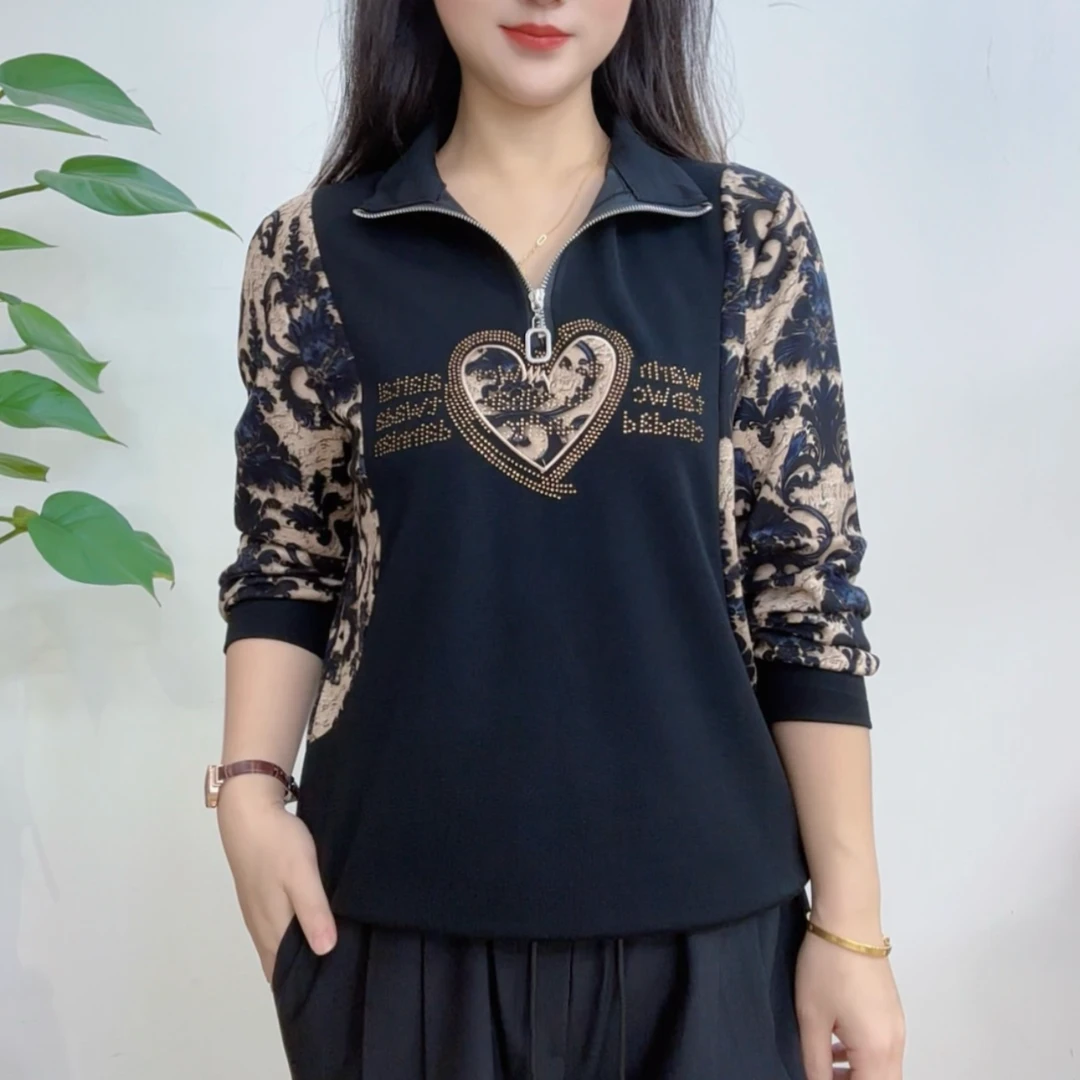 中年妈妈装拼接长袖上衣女H秋季新款洋气拉链休闲减龄显瘦卫衣