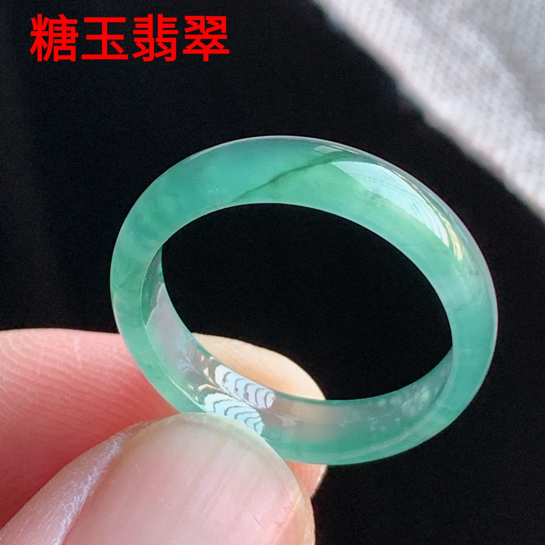 天然A货翡翠 冰种20号晴水绿宽边男女戒指指环素圈戒圈尾戒A34