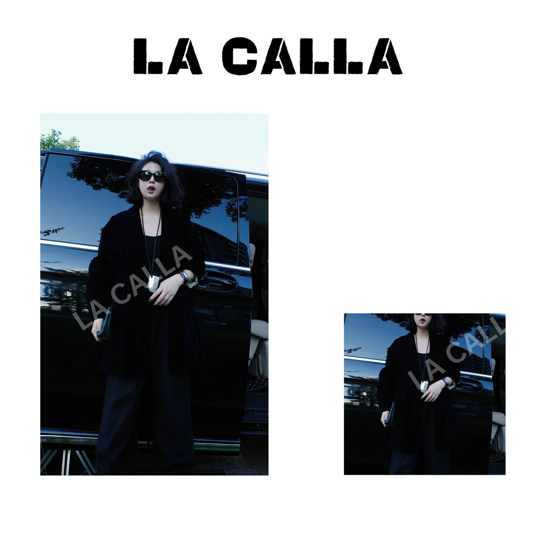 LA CALLA丝绒外套深蓝色设计师秋冬夹棉开衫外套K014