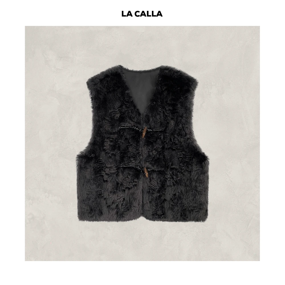 LA CALLA羊角扣马甲灰色搭扣气质轻奢毛马甲OY1616