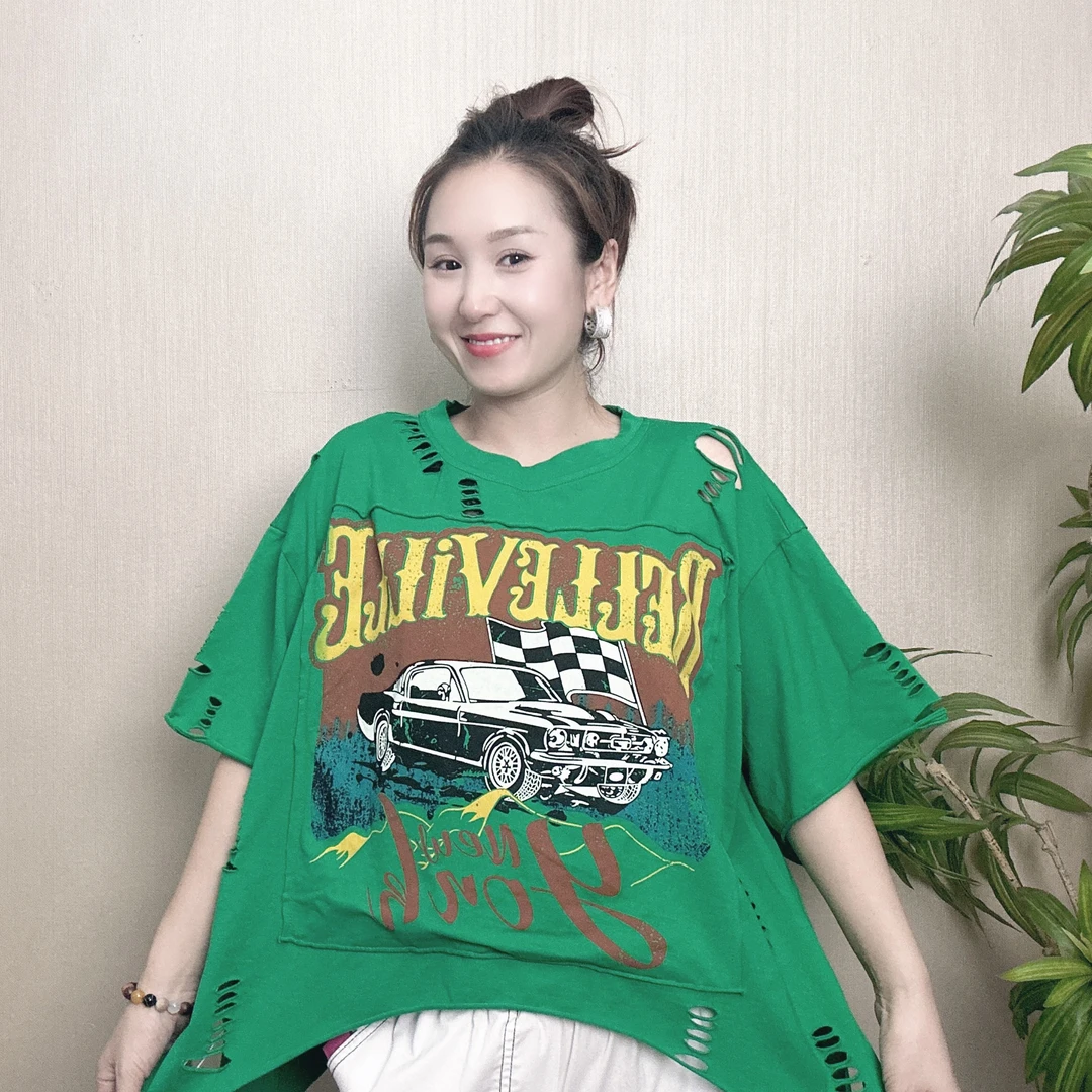 6175薇拉欧货夏季新款百搭时尚休闲不规则破洞潮流印花圆领短袖