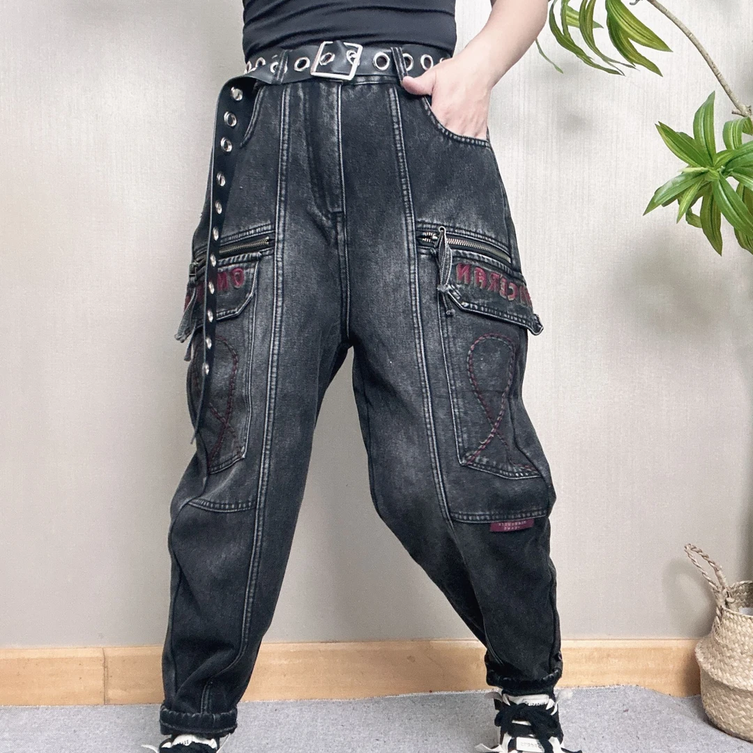 55532薇拉欧货秋冬季新款百搭时尚休闲刺绣半加绒保暖牛仔裤