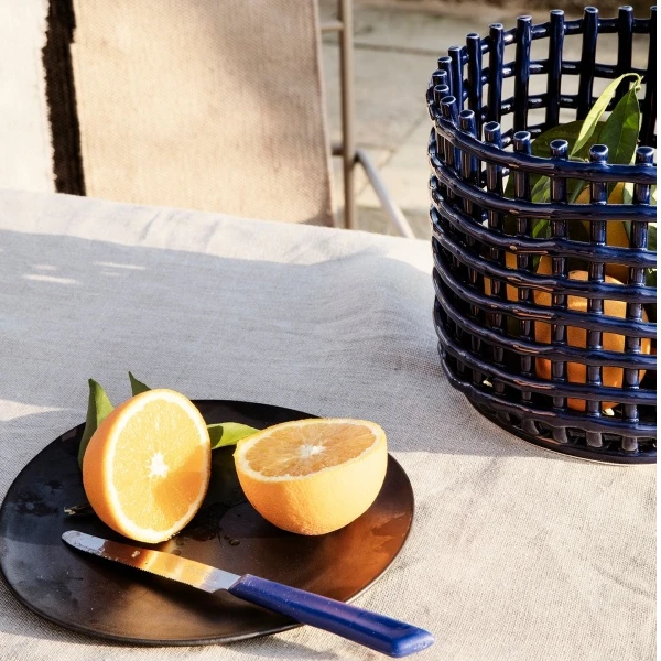 【FL家】23.5*21CM 深蓝色（大号）圆形陶瓷果篮 纯手工 家用 创意