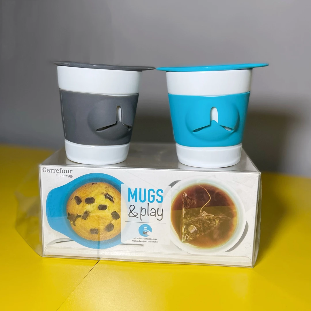 【多米家】320ML 硅胶手握杯带勺托杯垫 两只装 灰色+蓝色 家用