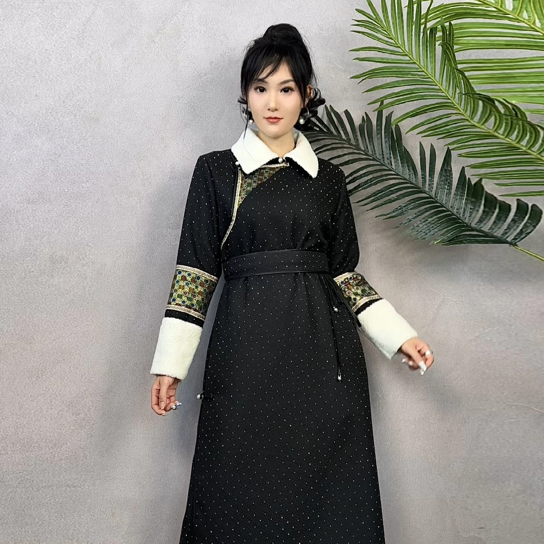 蒙美人-小香风长款薄棉蒙古袍蒙古元素女装亮晶晶时尚蒙古族服饰