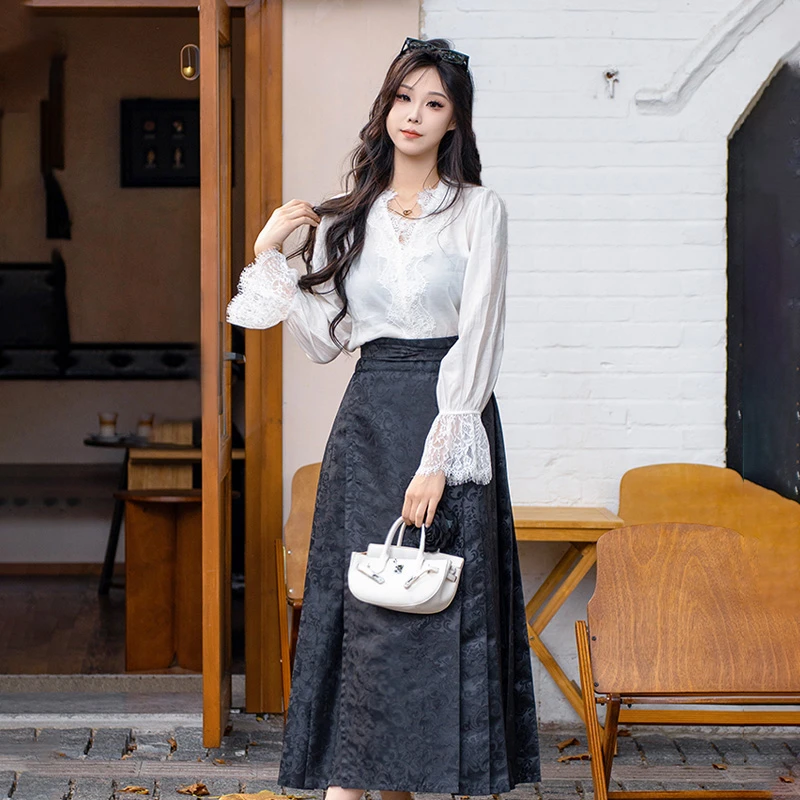 明羽织造【花卉暗纹】新中式黑色马面裙女高腰显瘦A字半身裙早秋款