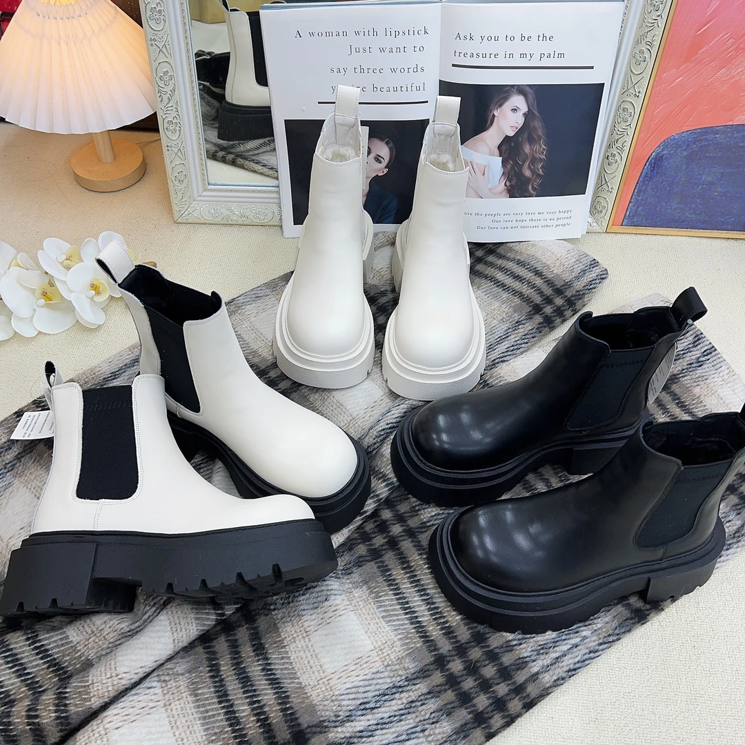 806710欧货真皮厚底一脚蹬加绒保暖休闲时尚马丁靴女靴切尔西靴