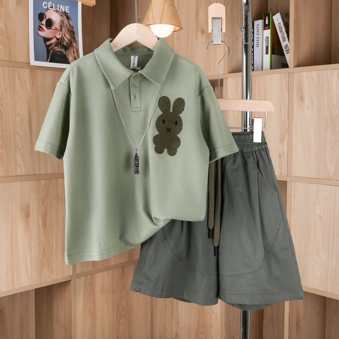 兔子POLO衫男童夏装短袖套装T恤短裤两件套儿童夏季中大童韩版潮T