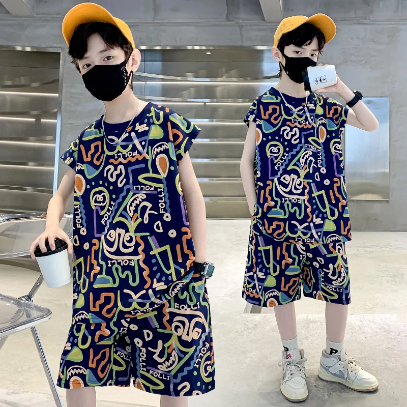 【涂鸦无袖坎肩套装】男童夏季满印背心两件套儿童夏款炸街潮童装