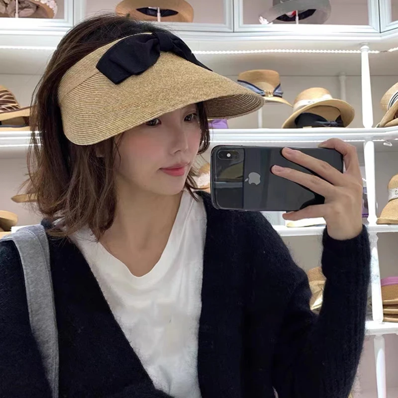 日本Max同款天然极细麦秆草大蝴蝶结丝带防晒空顶帽发箍帽