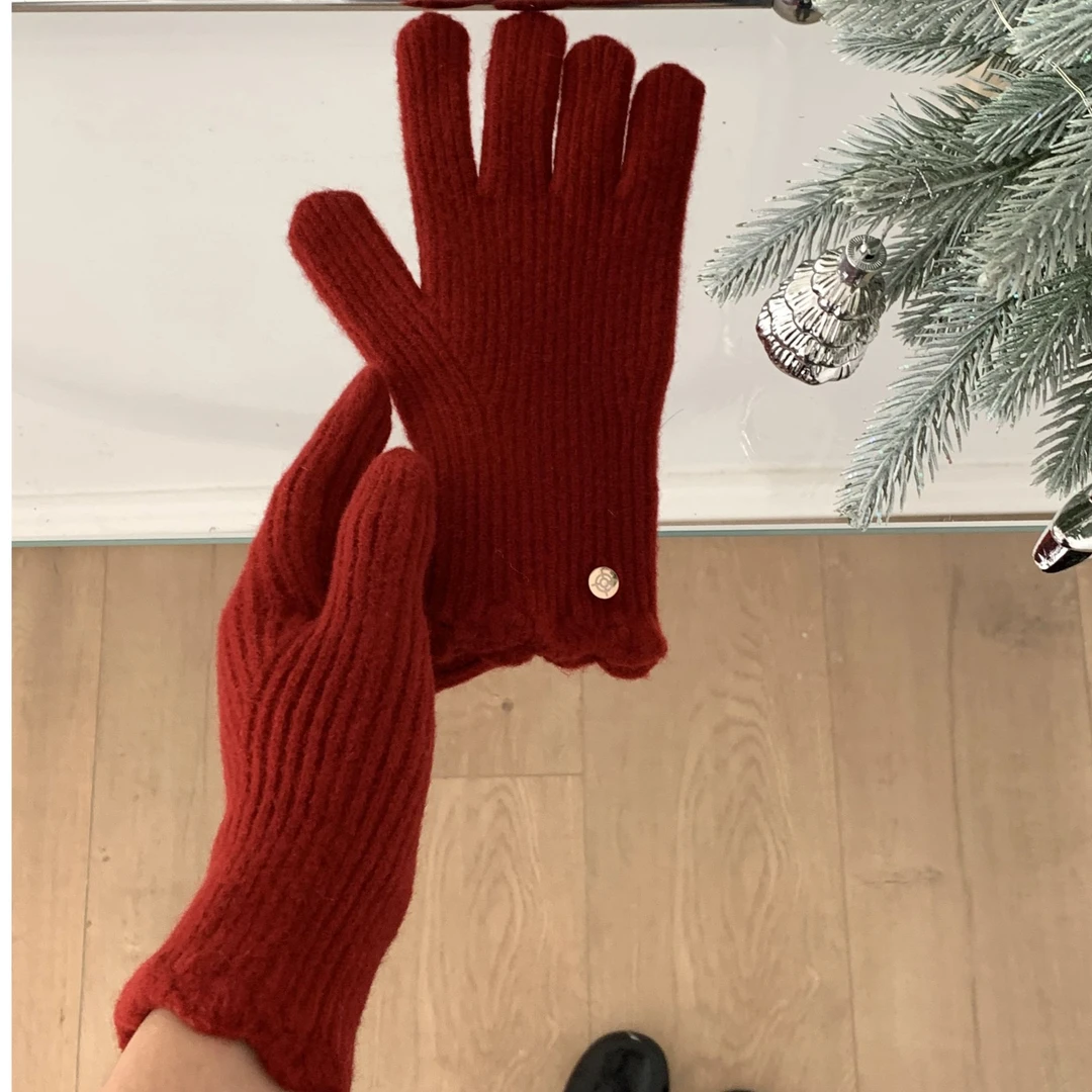 韩国博主同款羊毛软糯花边手套针织五指可触屏分指手套