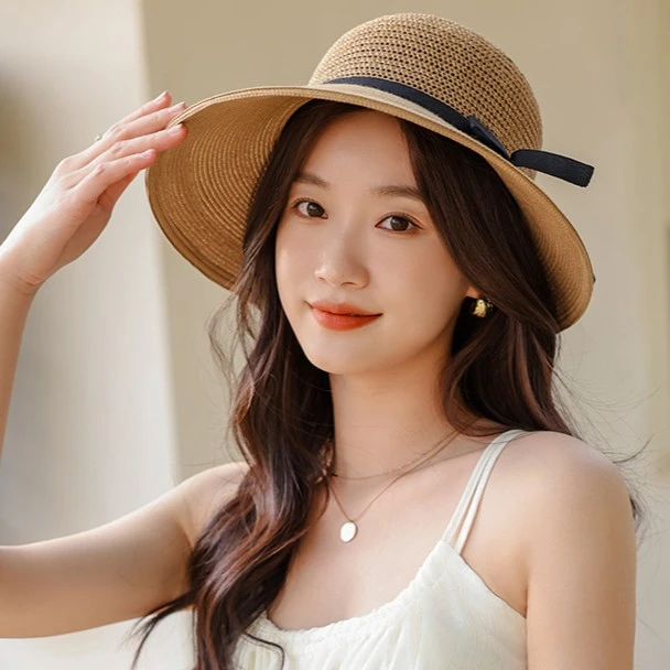 手工拼接细辫草帽防紫外线薄款透气可折叠沙滩遮阳帽大帽檐防晒帽