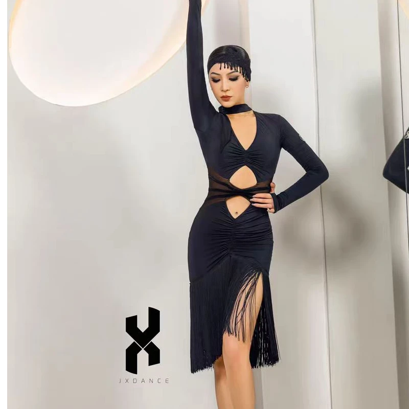 长袖女成人艺考国标拉丁舞性感露背连衣裙JX371