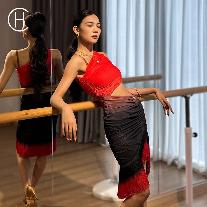 HC·DANCE【火烈鸟】新款渐变舞裙腰部镂空连衣裙拉丁舞练功服DL371