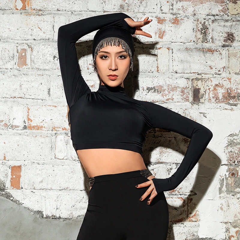 JX系列 专业 拉丁长袖百搭修身女士黑色性感时尚舞服上衣 JX195