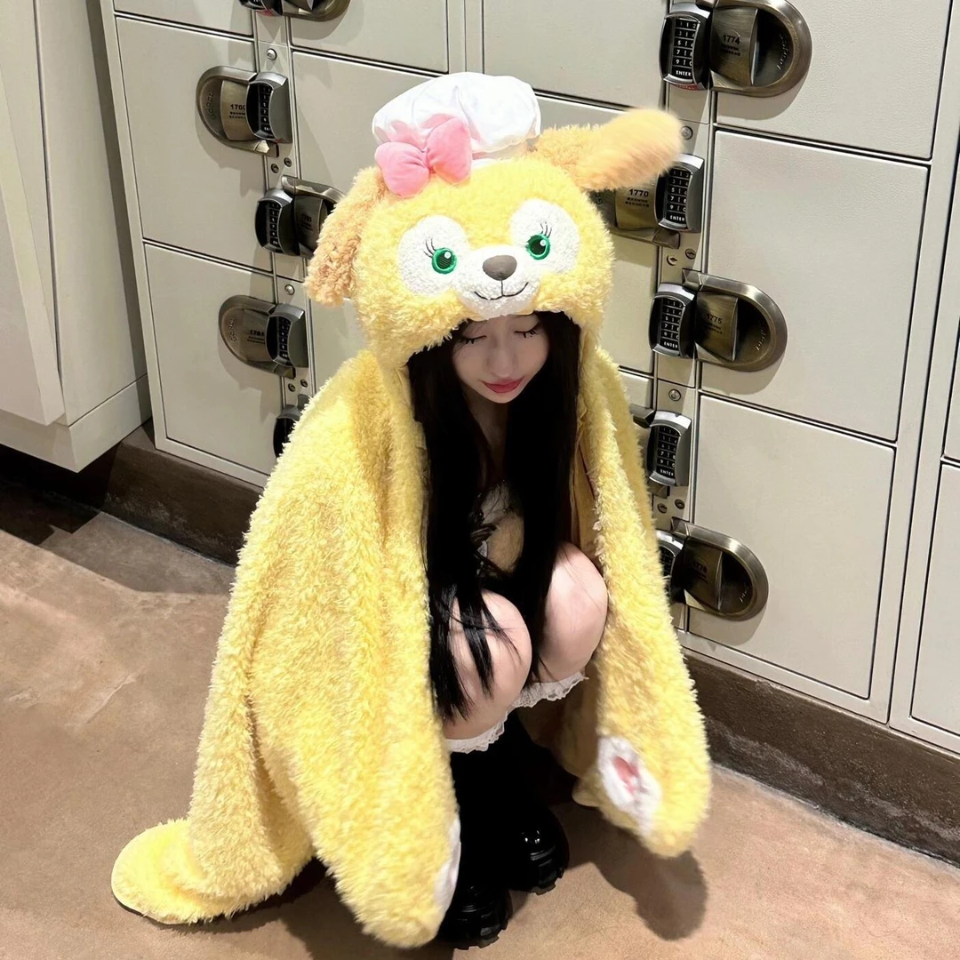 饼饼披毯连帽耳朵会动家用办公室午休盖毯学生宿舍毛毯毛绒保暖