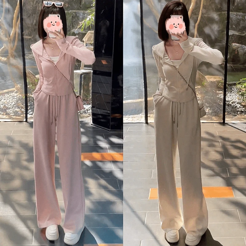 洋气减龄运动套装女2024春秋新款连帽拉链卫衣+时尚阔腿裤两件套