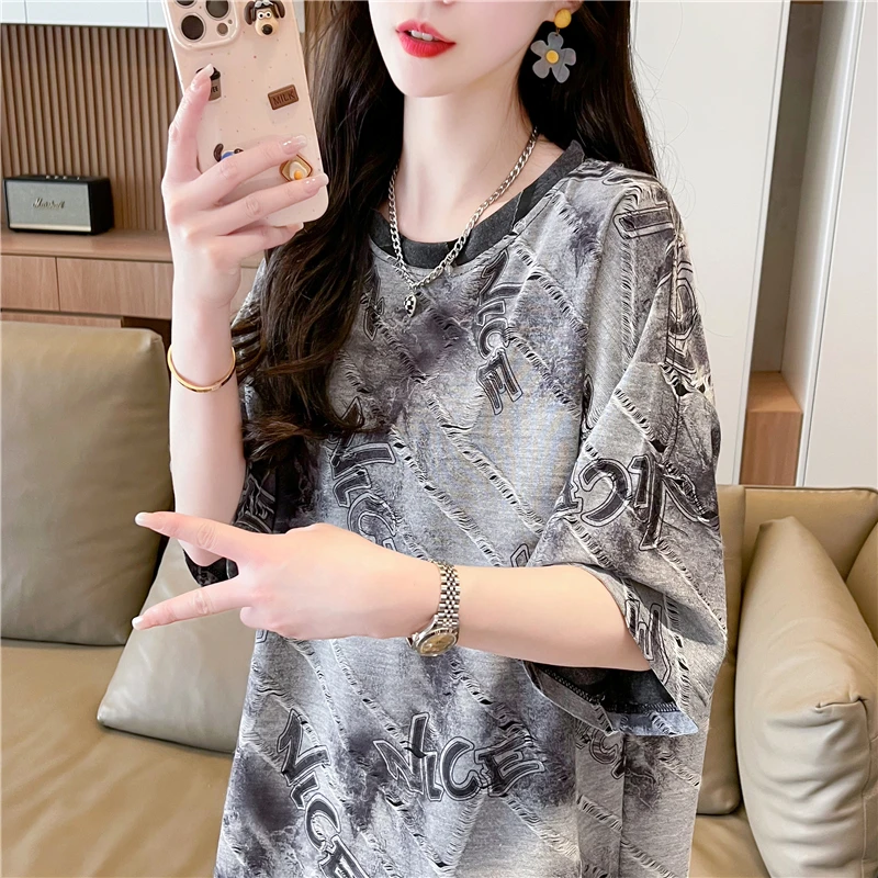 短袖T恤女大码女装中长款宽松上衣女显瘦洋气时尚夏季小众印花ins