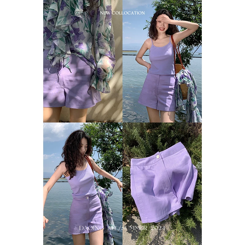 许大晴【紫盈】 休闲百搭竹节纹理A版短裤 D9337