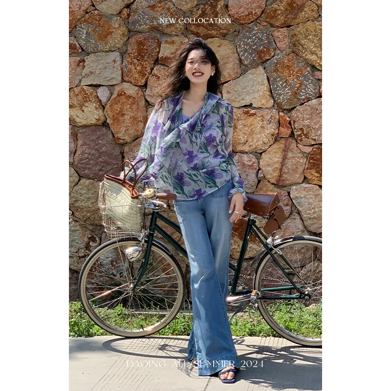 许大晴【怀旧蓝调】复古时髦磨白喇叭裤牛仔裤 D9311