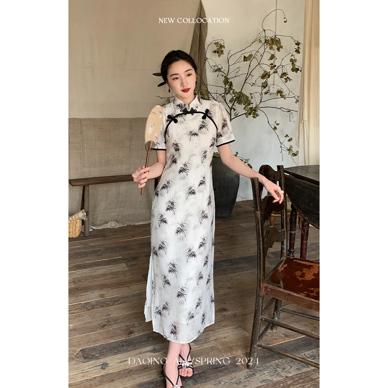 许大晴 新中式裙女夏竹子气质收腰修身显瘦优雅连衣裙 D8594