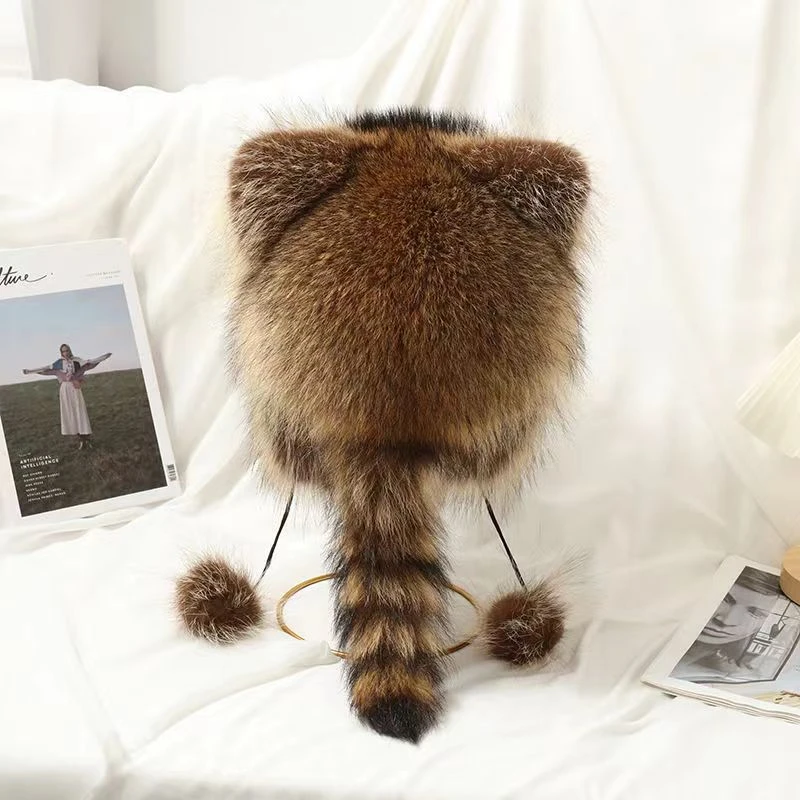网红貉子毛毛皮毛一体小浣熊霸王帽冬季带尾巴耳朵帽子男女同款