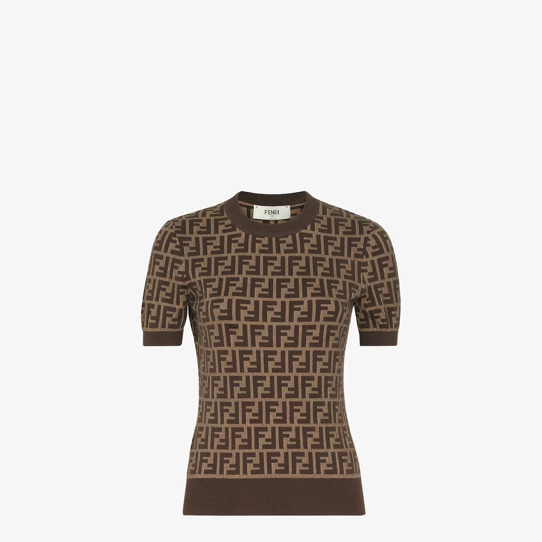 未使用 FENDI/芬迪 女士半袖棕色老花棕色FF棉质毛衣