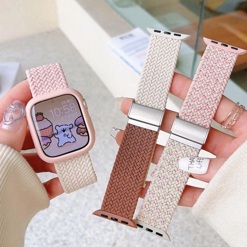 ins风适用applewatchS9撞色编织卡扣表带苹果手表8765432尼龙秋冬