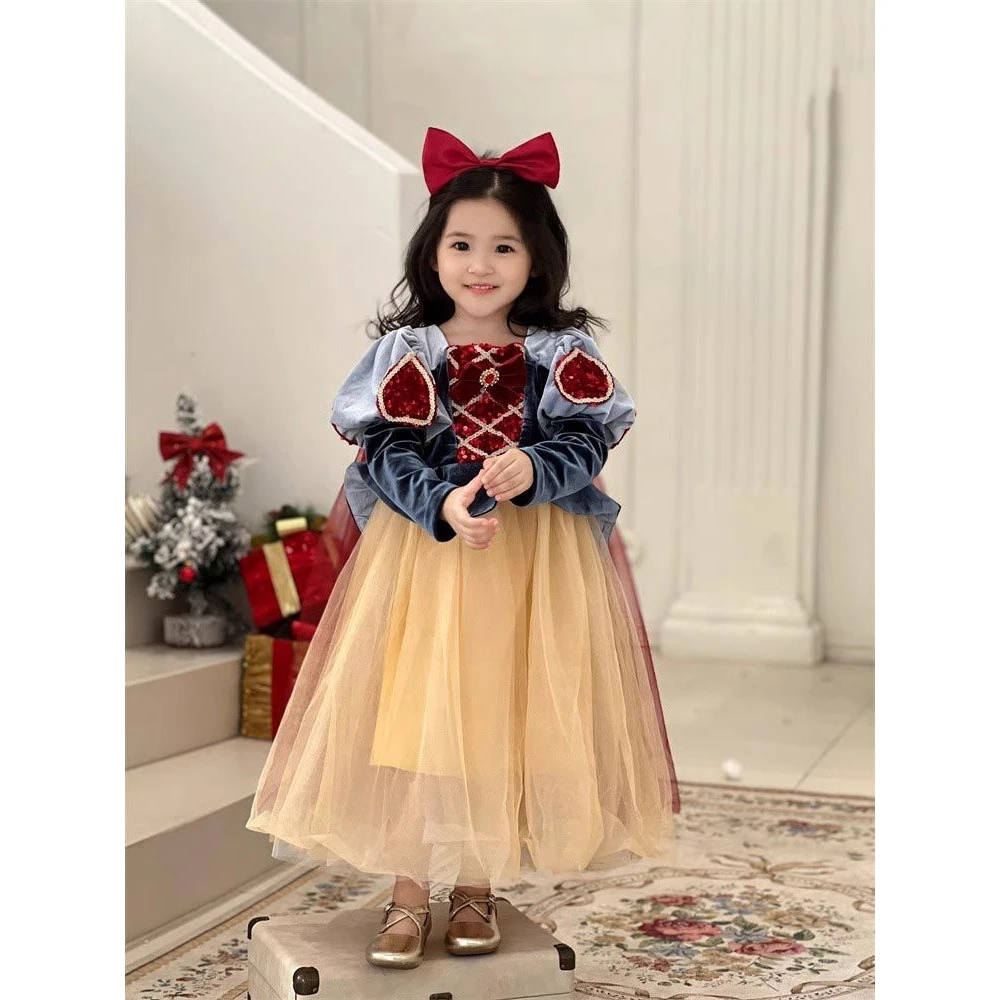 女童白雪公主裙发光连衣裙披风秋冬丝绒生日裙子万圣节礼服儿童