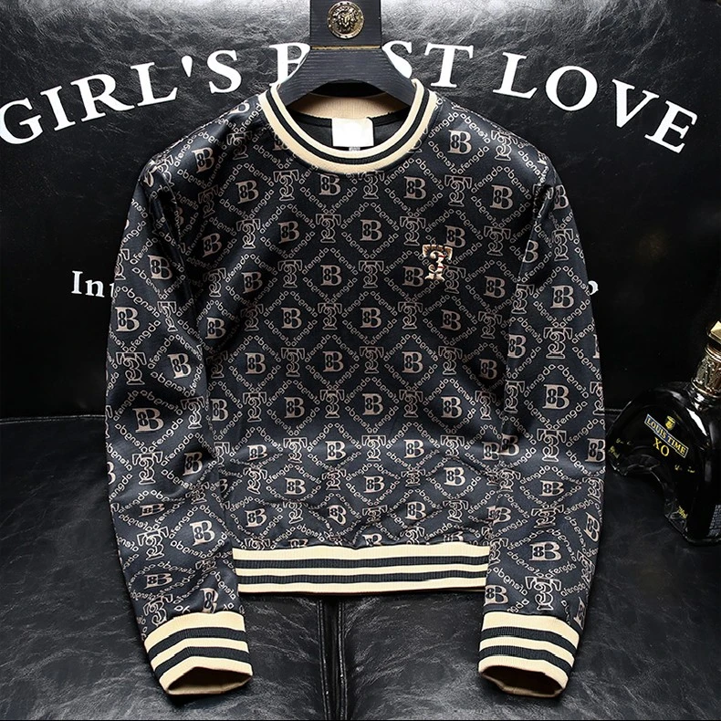 2025秋季新款个性休闲印花上衣时尚男士潮流修身长袖T恤男款卫衣