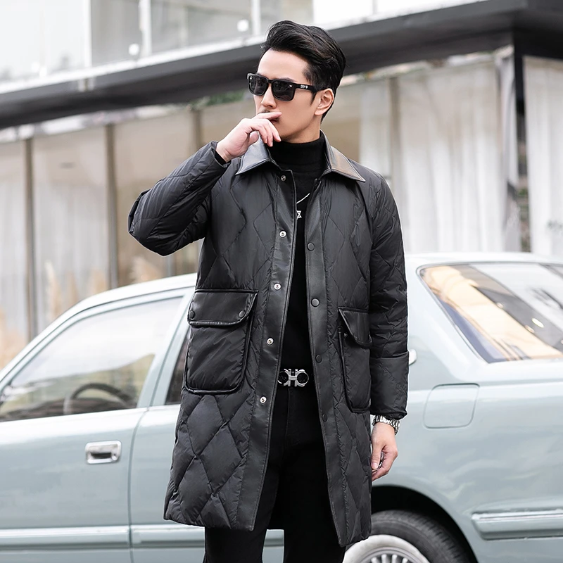 漫威毒液中长款羽绒服男冬季新款皮料拼接白鸭绒菱格修身保暖外套