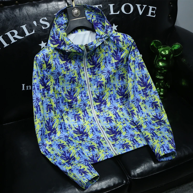 欧洲站高端潮流连帽外套男装春秋季新款修身全身印花休闲男士夹克