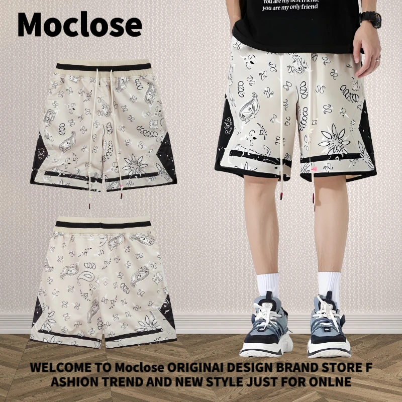 Moclose 美式高街腰果花春夏休闲宽松凉感男女款运动五分抽绳短裤