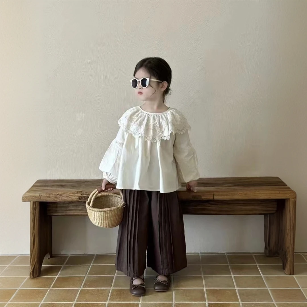 女童秋装套装2025新款洋气女宝宝花边领长袖上衣儿童百搭棉布裤子