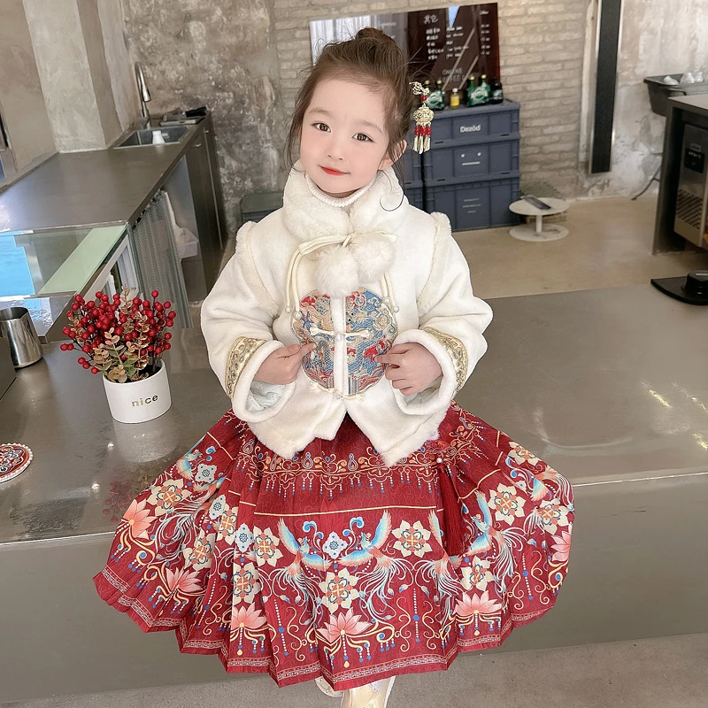 女童马面裙套装2024新款冬季长袖中小童唐装儿童加厚拜年服汉服