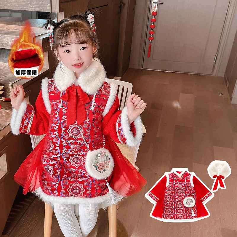 女童冬季新款加厚红色旗袍中国风女宝拜年服裙子小女孩保暖新年服