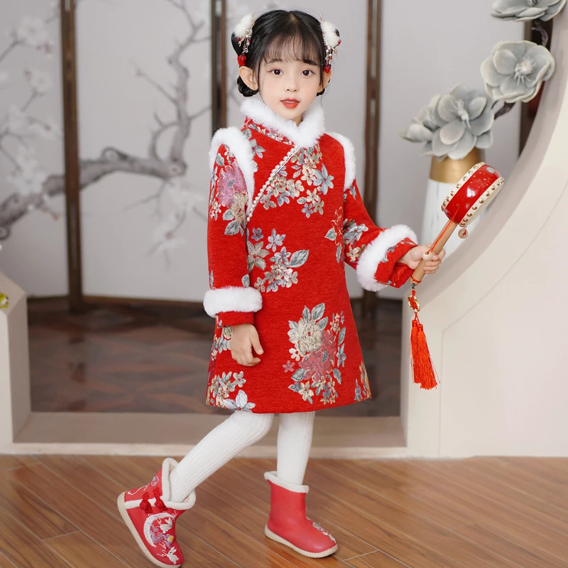 女童旗袍拜年服冬季加绒汉服宝宝加厚古装秋冬唐装元旦演出服年服