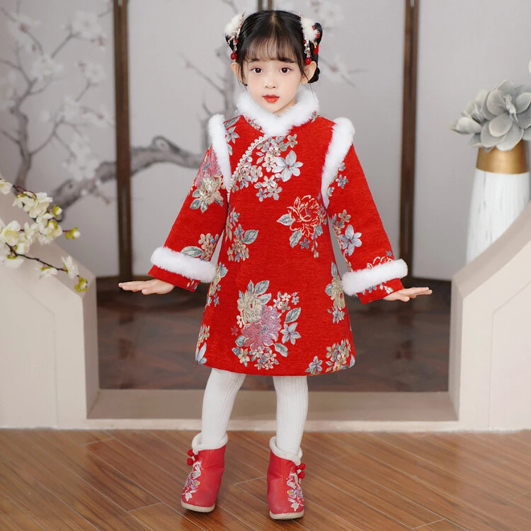 女童拜年服冬款汉服中国风加厚唐装旗袍喜庆过年服加绒女宝新年装